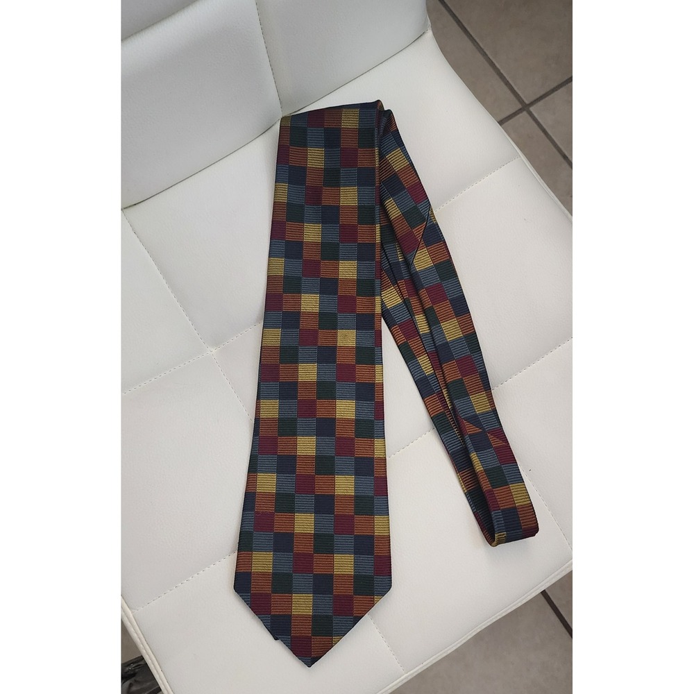 J.Crew Mens Silk Tie Multi Color Patchwork Checkerboard Geometric Made in USA